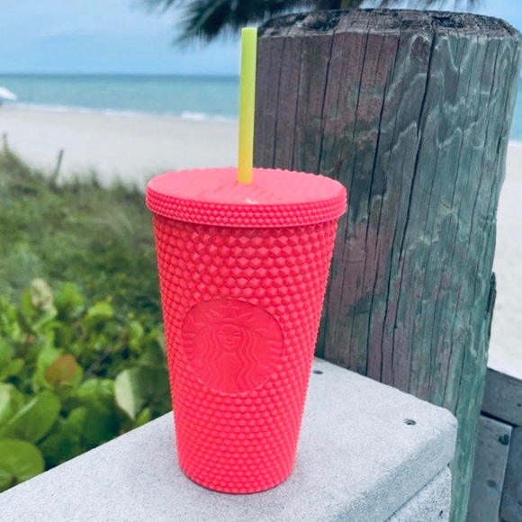 Starbucks Dragon Fruit Bling Tumbler Neon Coral Studded Cup 16oz Grande 2022 New - Picture 1 of 3